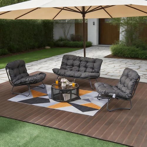 Compact woven outdoor sofa and two armchairs with a glass-top coffee table
