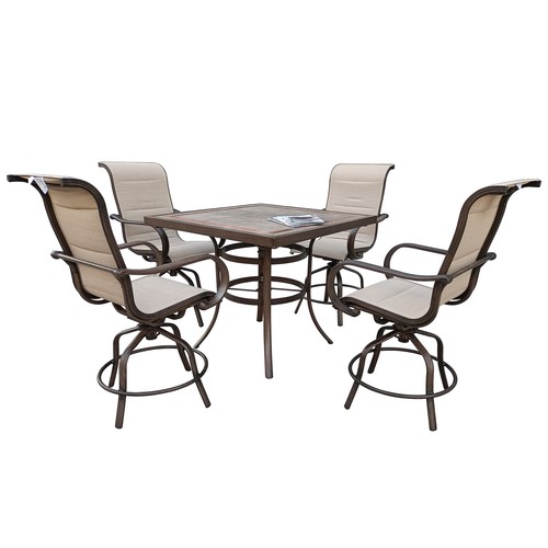 Outdoor textilene swivel dining chairs with exposed frames and square table